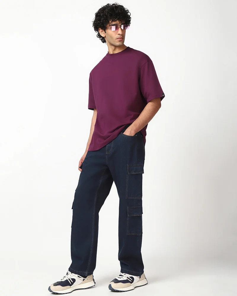Bewakoof  Men's Navy Blue Baggy Fit Washed Cargo Mid-Rise Jeans for Men | Best Price UAE